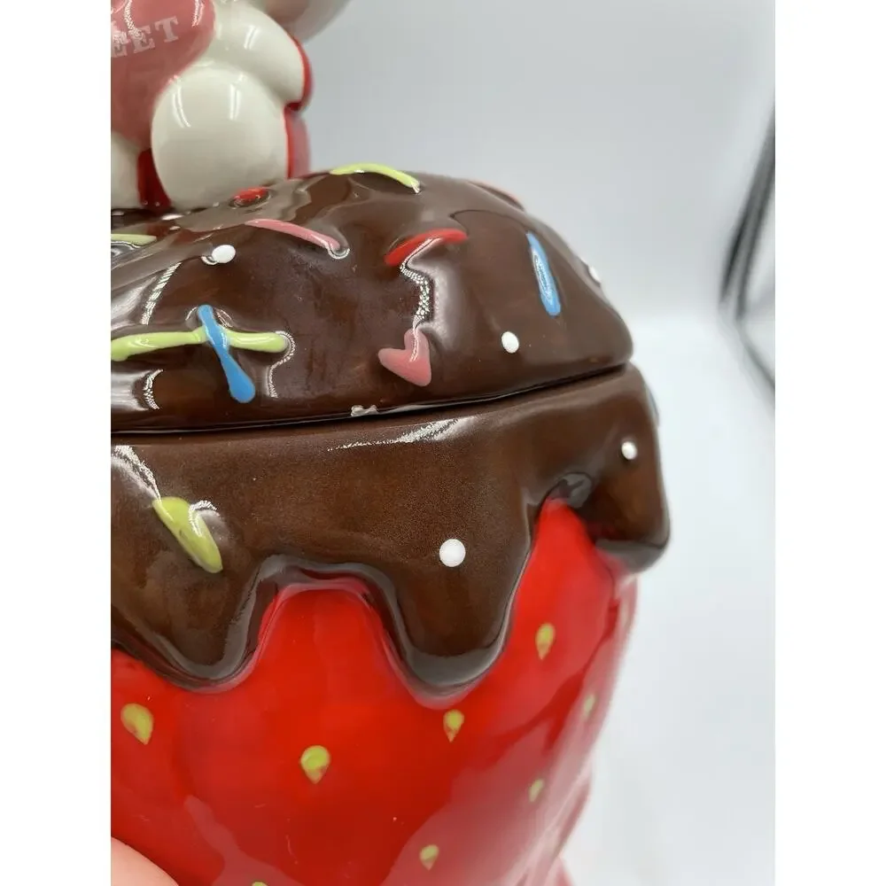 Hello Kitty Cookie Jar Blue Sky Ceramic Chocolate Strawberry With Lid NEW